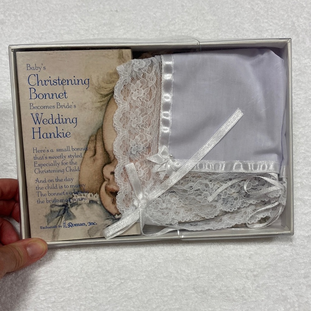 Vintage baby christening bonnet white lace